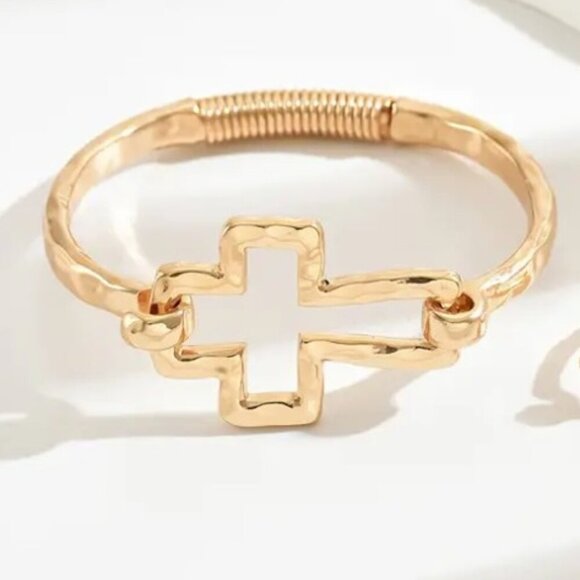 Cross Bracelet Textured Exaggerated Punk Style Gold Tone Gifts NWT Faith - Picture 2 of 4